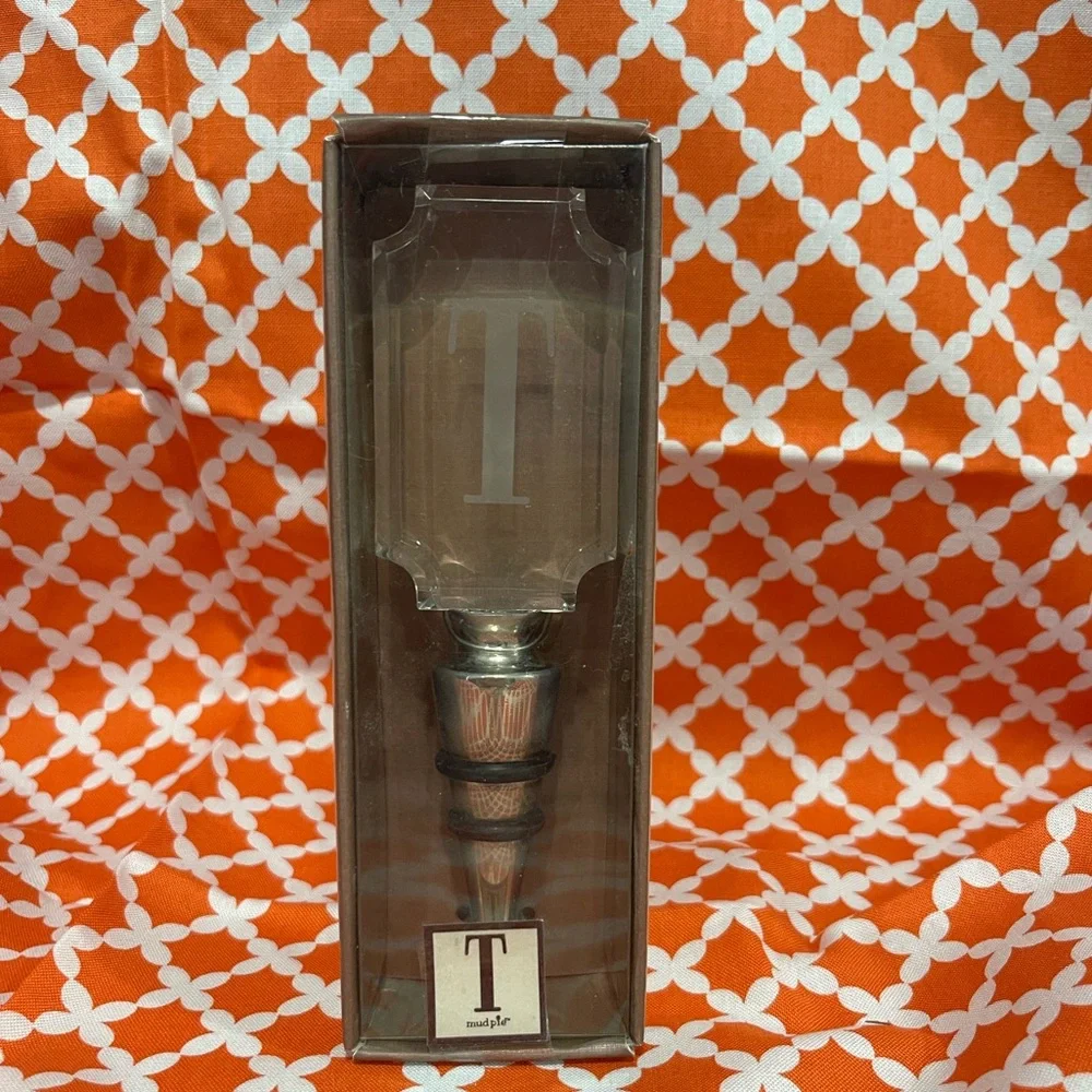 Monogrammed “T” Mud Pie Brand Silver Bottle / Wine Stopper, NEW!